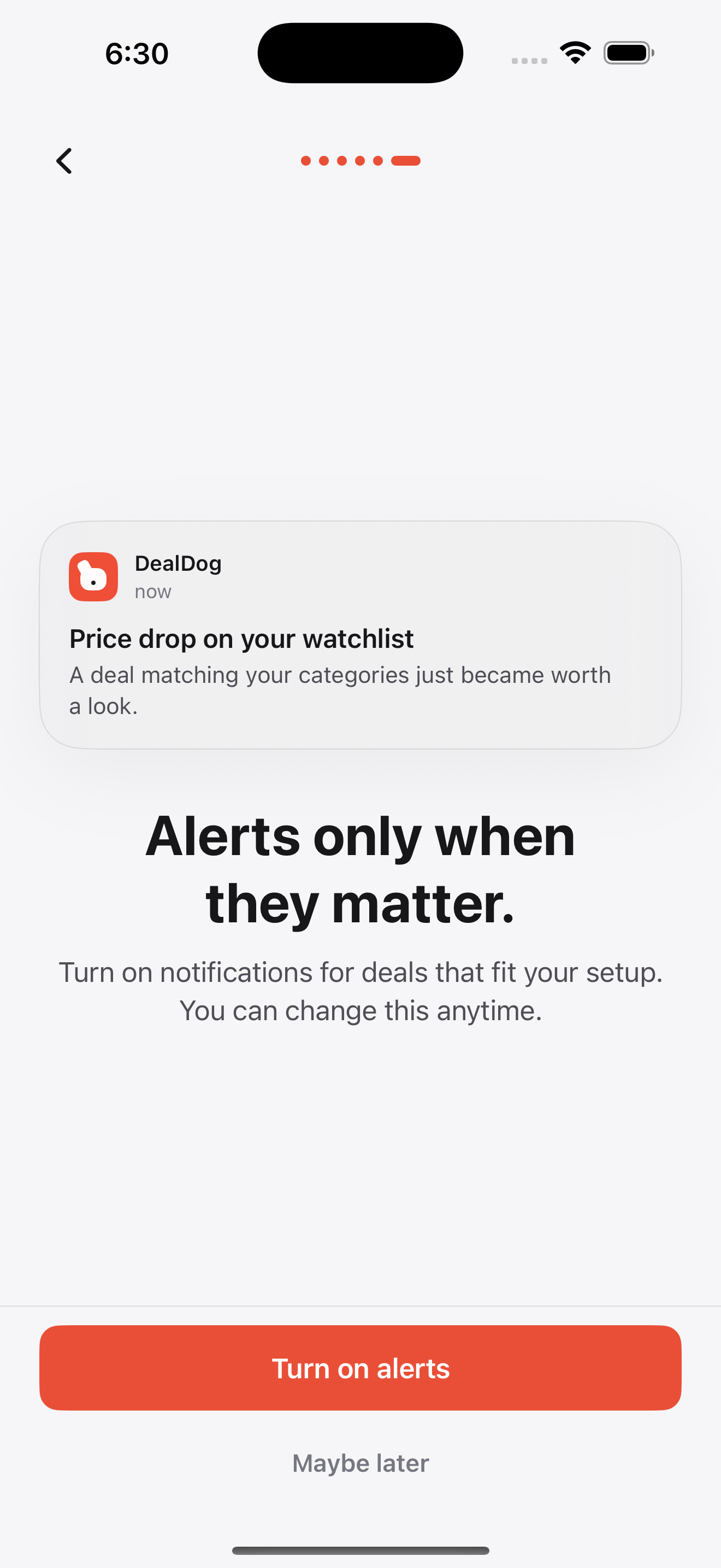 DealDog notification setup explaining that alerts arrive only when a relevant price drop appears