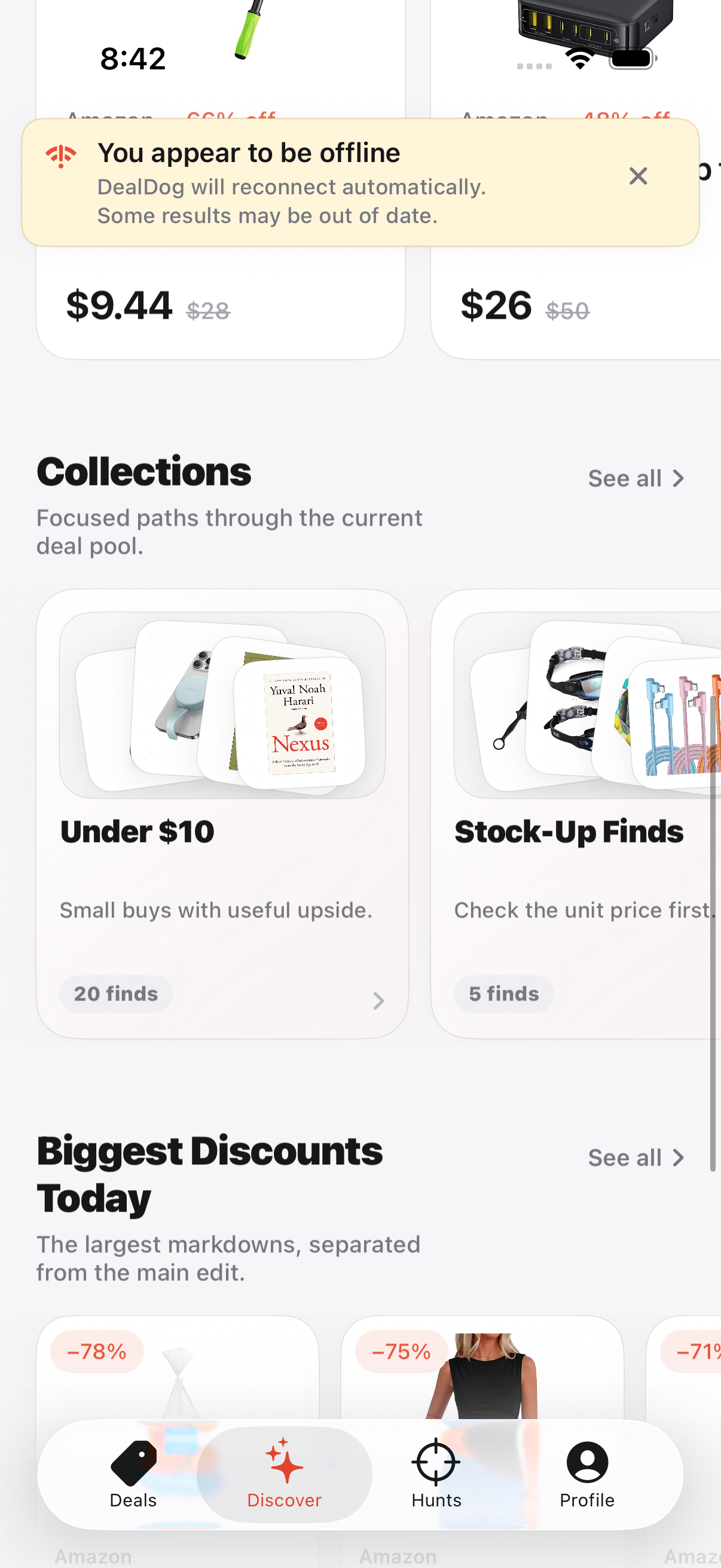 DealDog Discover screen showing curated collections and discount-led product groups